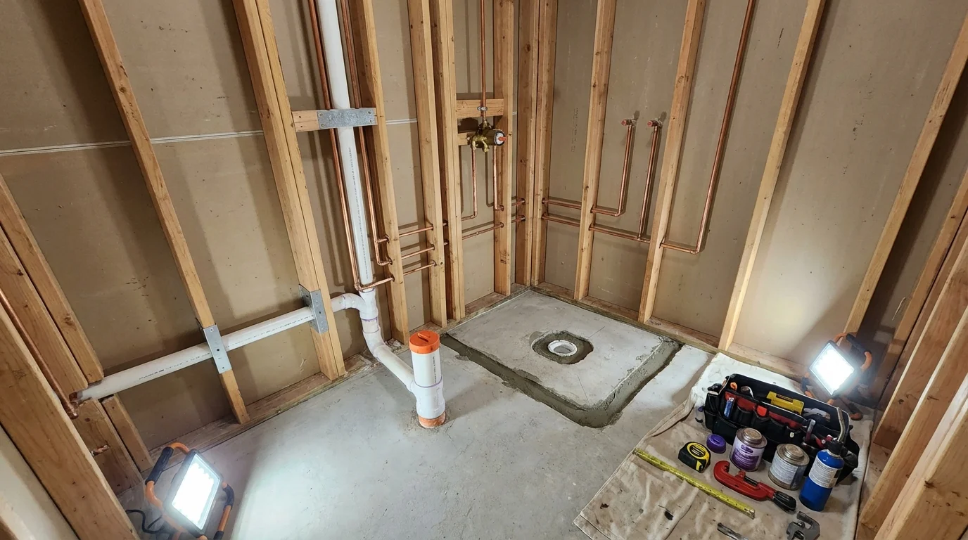 Bathroom rough-in plumbing during remodel by Johns Plumbing LLC in Dahlonega