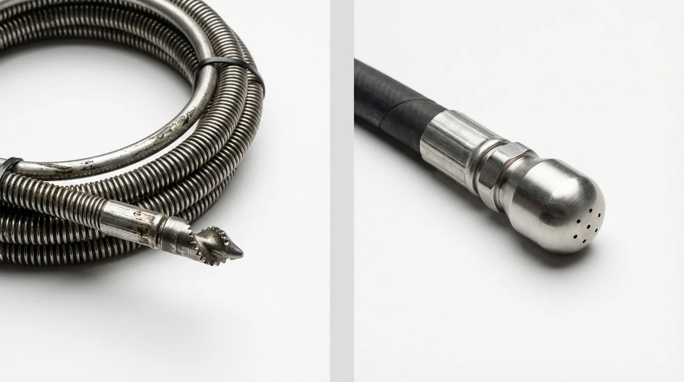 Drain snake cable and hydro jetting nozzle used for drain cleaning in Dahlonega, GA