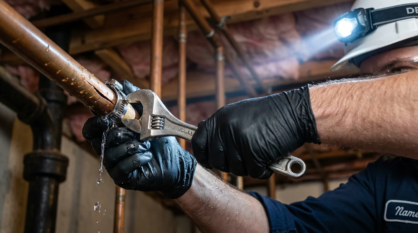 Emergency pipe clamp repair being performed by a Johns Plumbing LLC plumber in Dahlonega