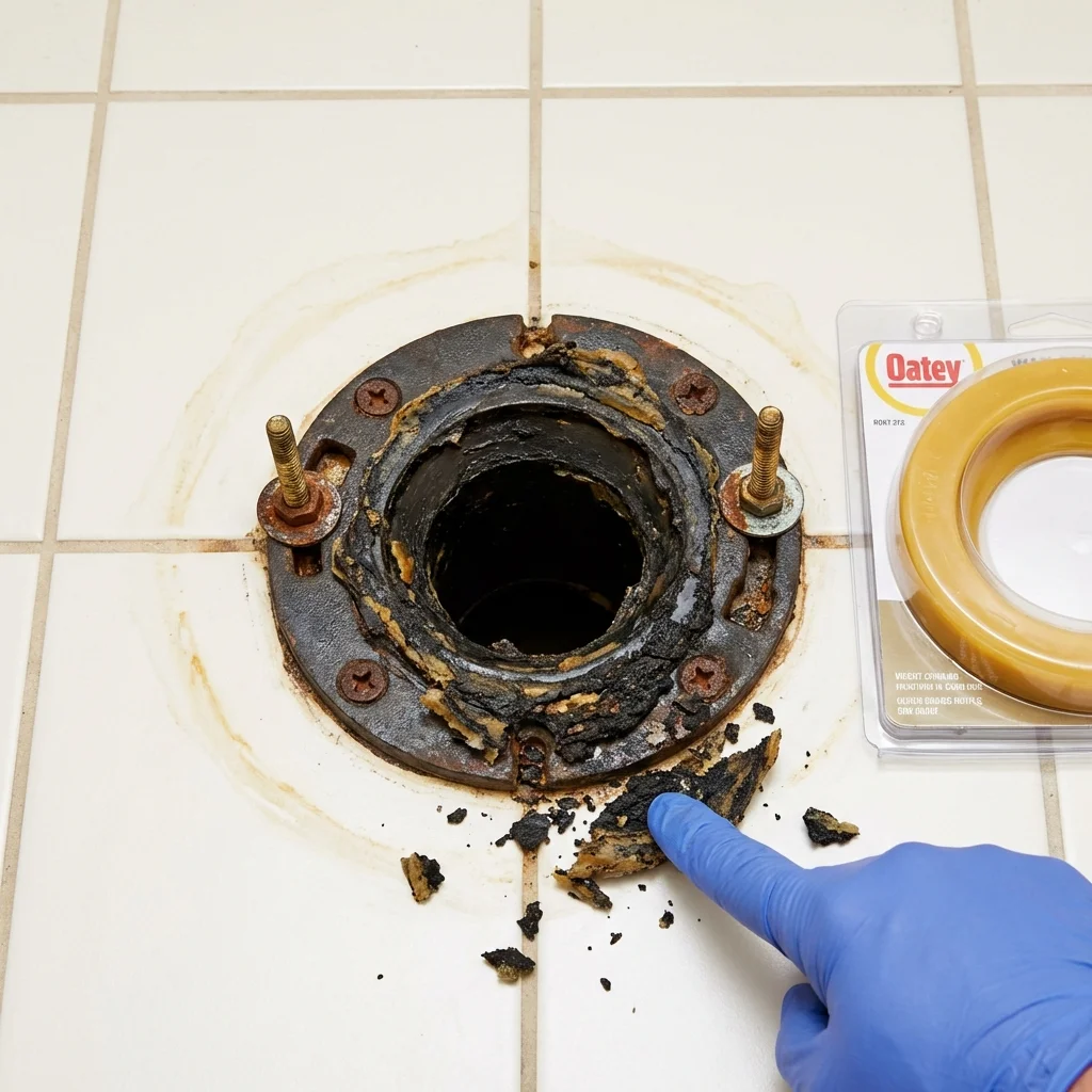 Failed wax ring showing water seepage at the base of a toilet in a Dahlonega, GA home